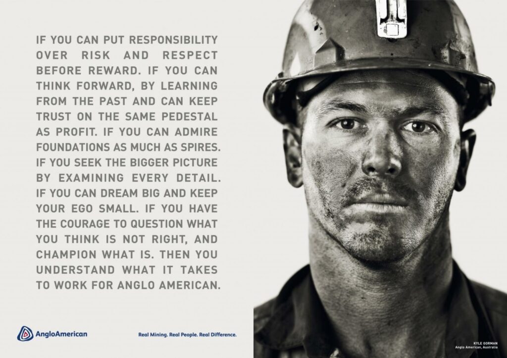 an awareness ad with typography and a photo of an oil worker