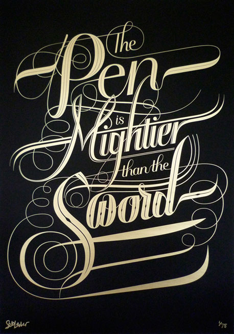 a calligraphy poster that says "the pen is mightier than the sword"