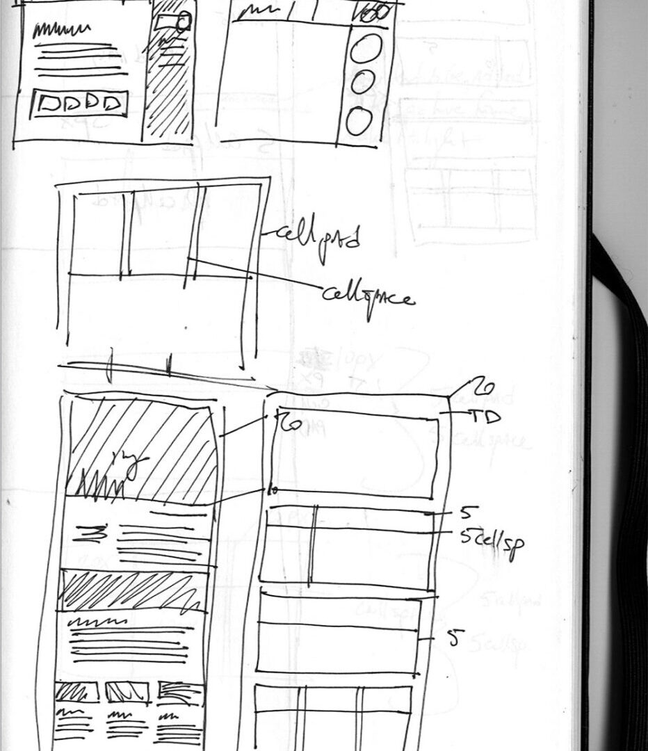 a sketchbook with wireframe drawings