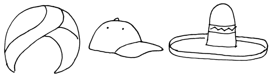 sketch of a turban, a baseball cap, and a sombrero