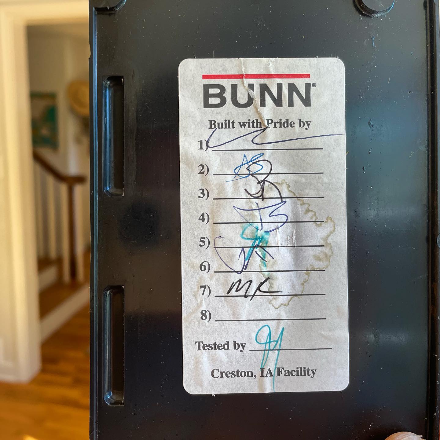 Repairing my BUNN coffee brewer and discovered this personal touch. ️