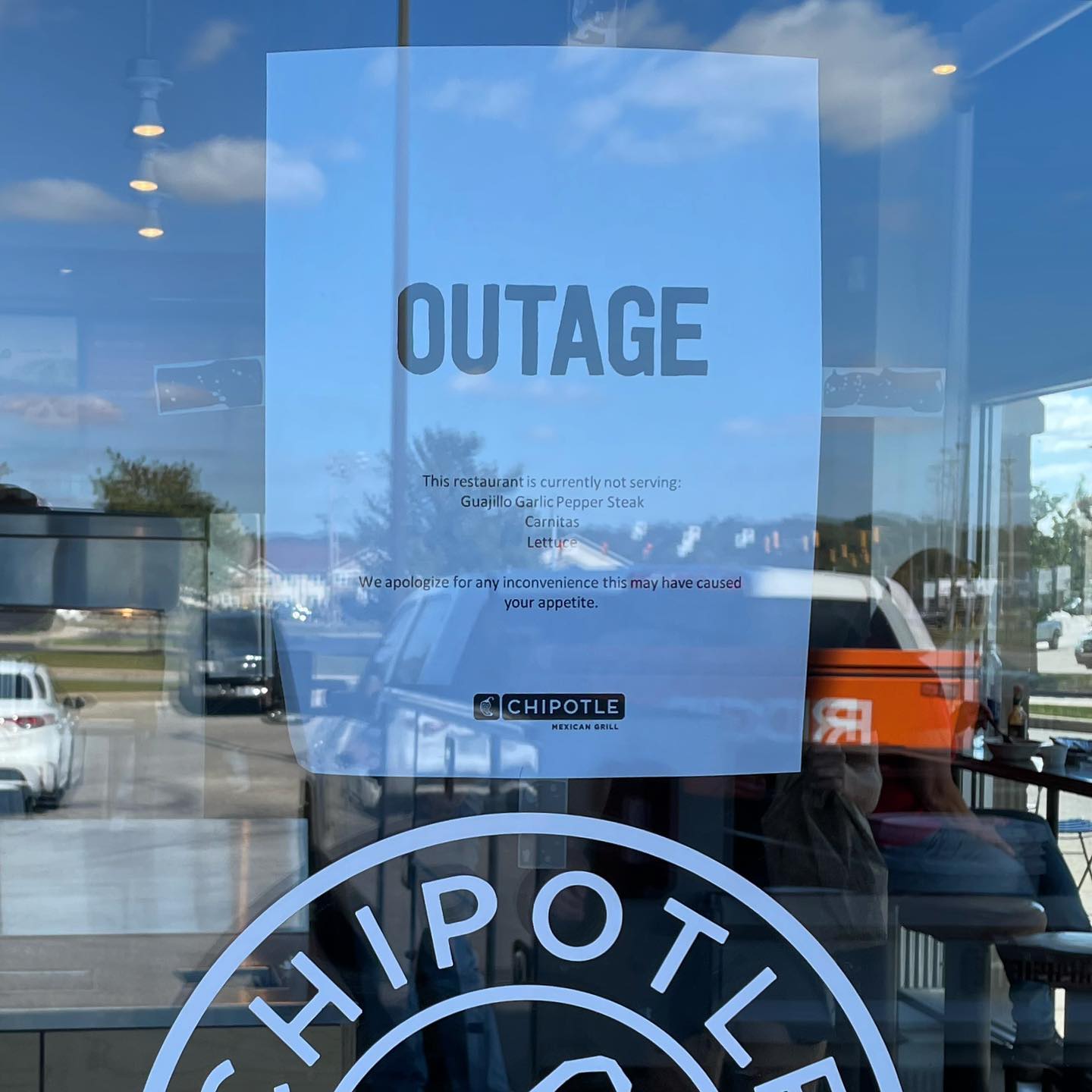 Outage? Let people know as early as possible. That’s good design (and just plain nice). @chipotle alerts you at the front door.