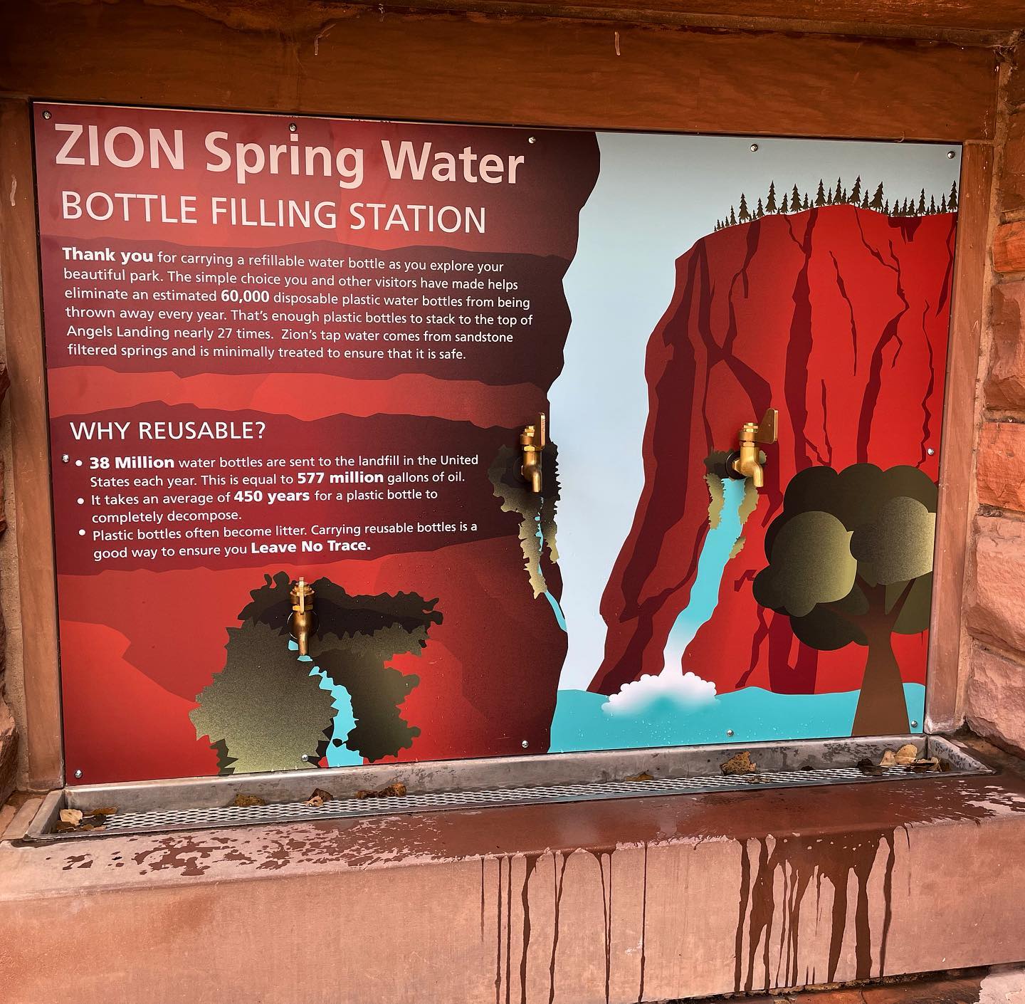 Ya can’t buy a single use water bottle at Zion Nat’l Park but refills are always free. Here, visitors learn conservation and sustainability through experience.