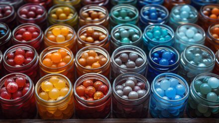 dozens of jars holding different colored marbles, sorted