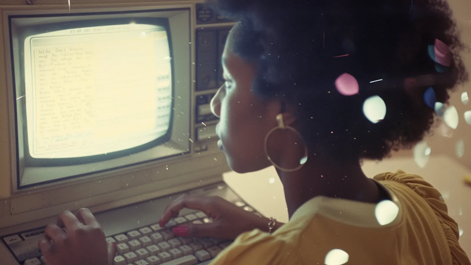 a black woman reading a retro computer screen